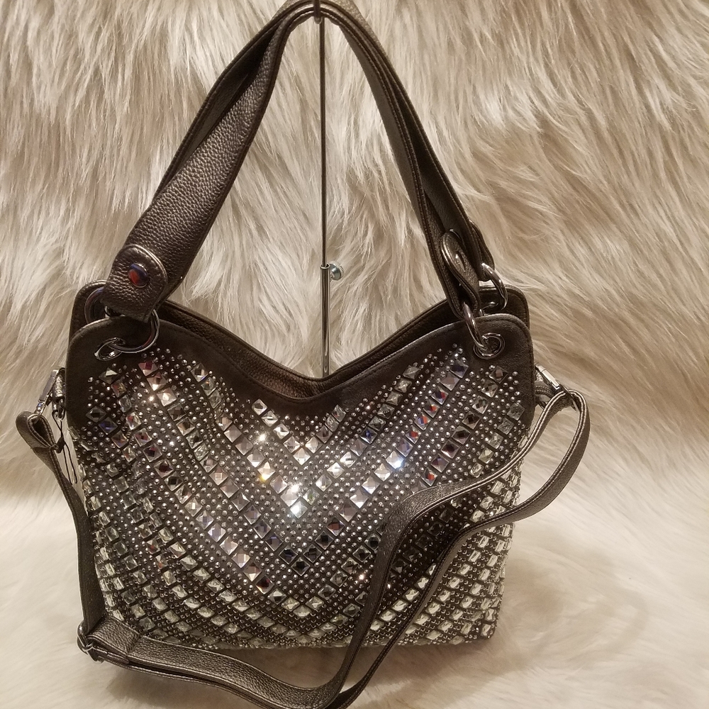 CHEVRON PEWTER DESIGN RHINESTONE HANDBAG